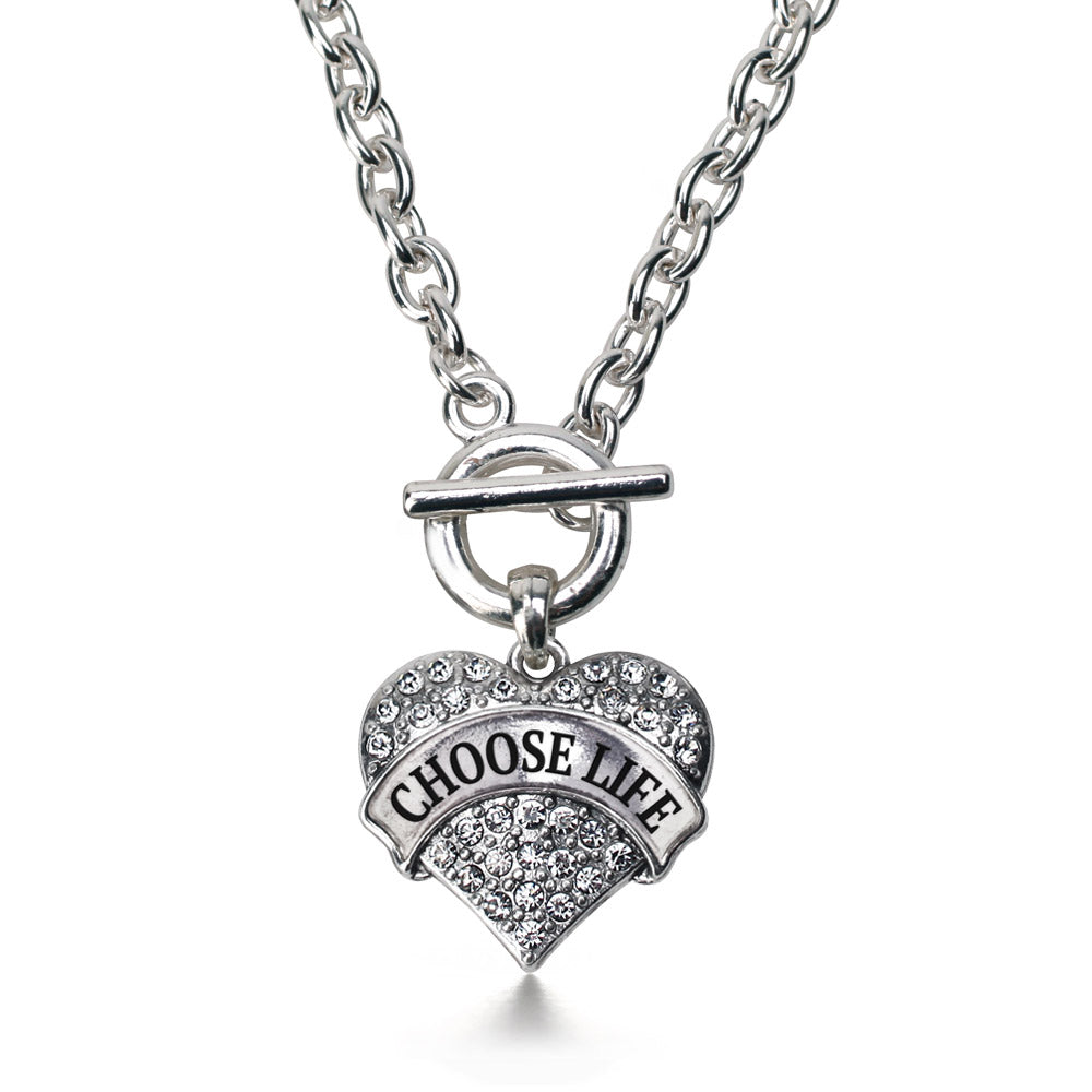 Silver Choose Life Pave Heart Charm Toggle Necklace