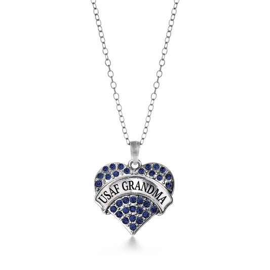 Silver USAF Grandma Blue Pave Heart Charm Classic Necklace