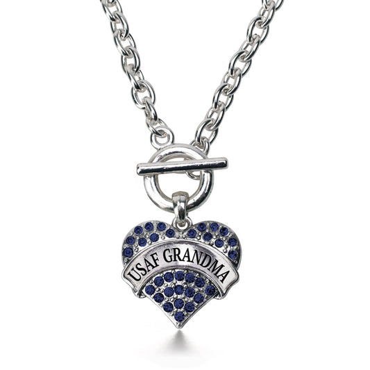 Silver USAF Grandma Blue Pave Heart Charm Toggle Necklace