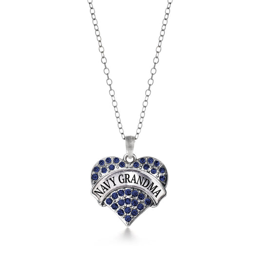 Silver Navy Grandma Blue Pave Heart Charm Classic Necklace