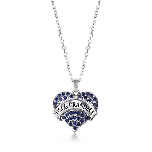 Silver USCG Grandma Blue Pave Heart Charm Classic Necklace