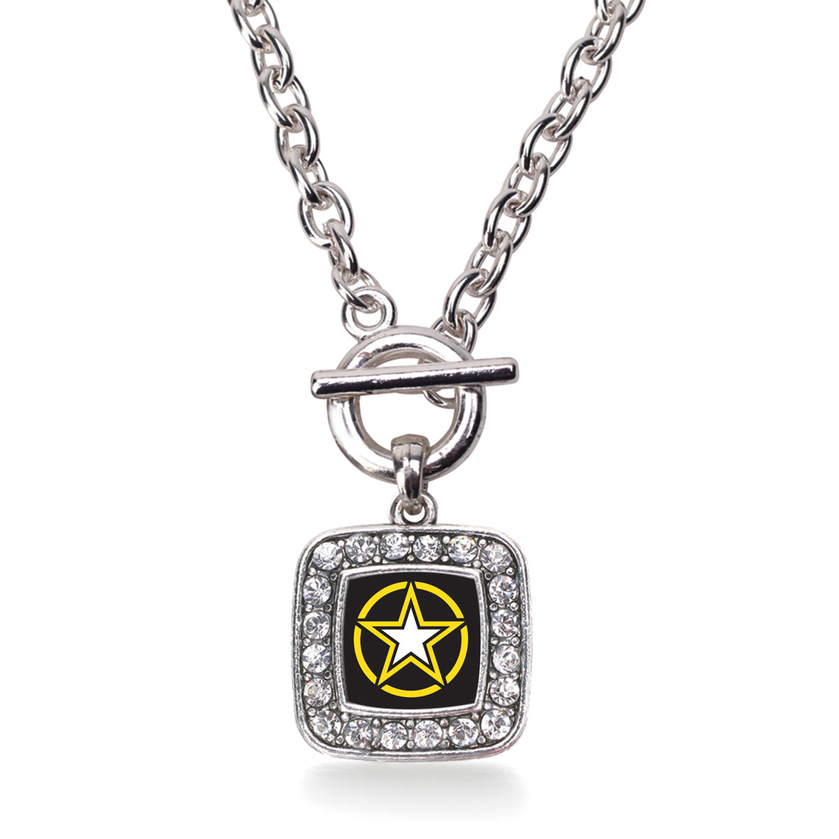 Silver Army Star Square Charm Toggle Necklace