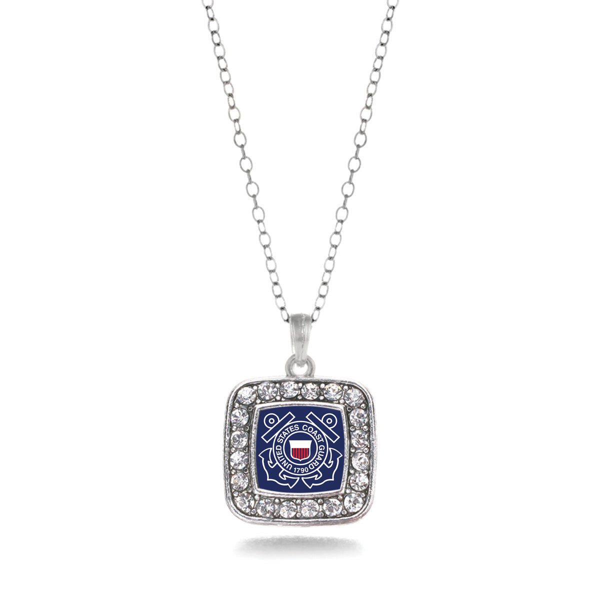 Silver Coast Guard Symbol Square Charm Classic Necklace