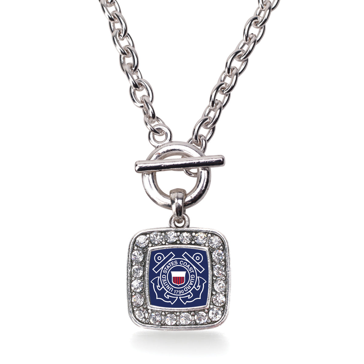Silver Coast Guard Symbol Square Charm Toggle Necklace