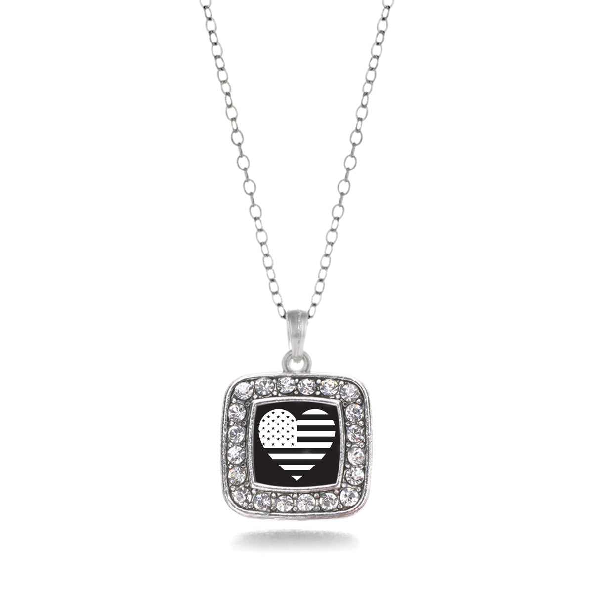 Silver Black and White USA Flag Heart Square Charm Classic Necklace