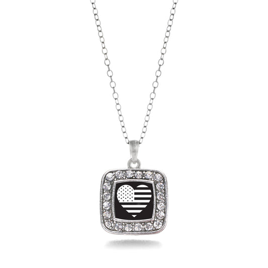 Silver Black and White USA Flag Heart Square Charm Classic Necklace