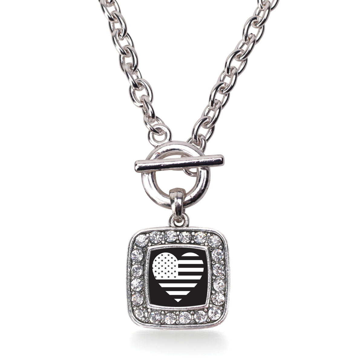 Silver Black and White USA Flag Heart Square Charm Toggle Necklace