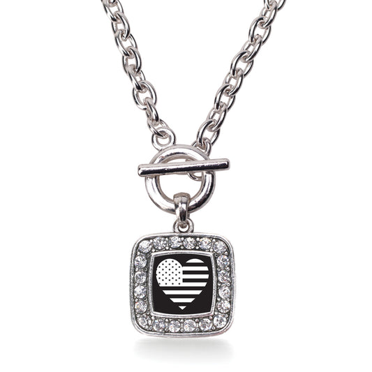 Silver Black and White USA Flag Heart Square Charm Toggle Necklace