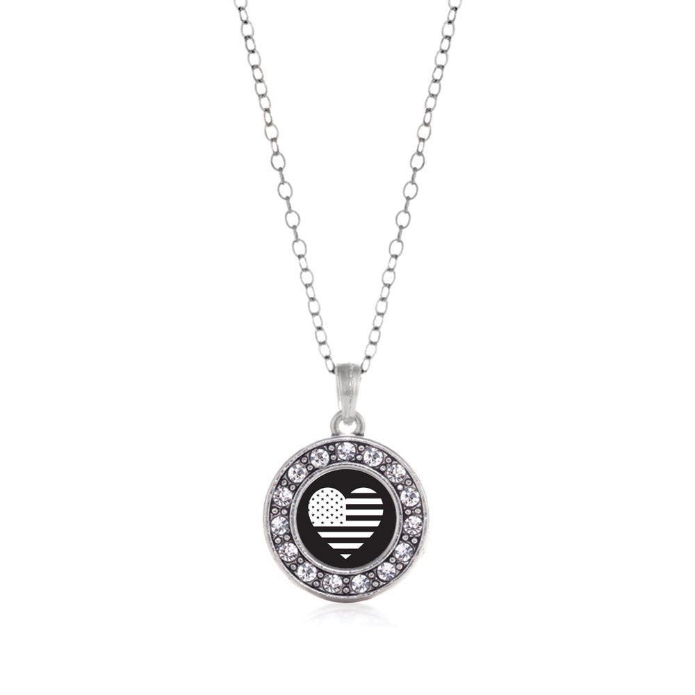Silver Black and White USA Flag Heart Circle Charm Classic Necklace