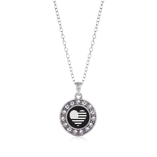 Silver Black and White USA Flag Heart Circle Charm Classic Necklace