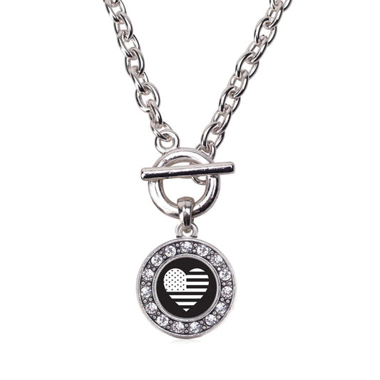 Silver Black and White USA Flag Heart Circle Charm Toggle Necklace