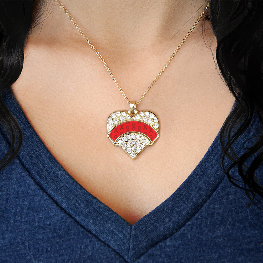 Gold Red Ribbon Support Pave Heart Charm Classic Necklace