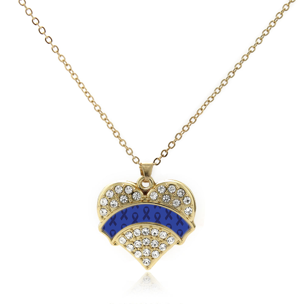 Gold Blue Ribbon Support Pave Heart Charm Classic Necklace