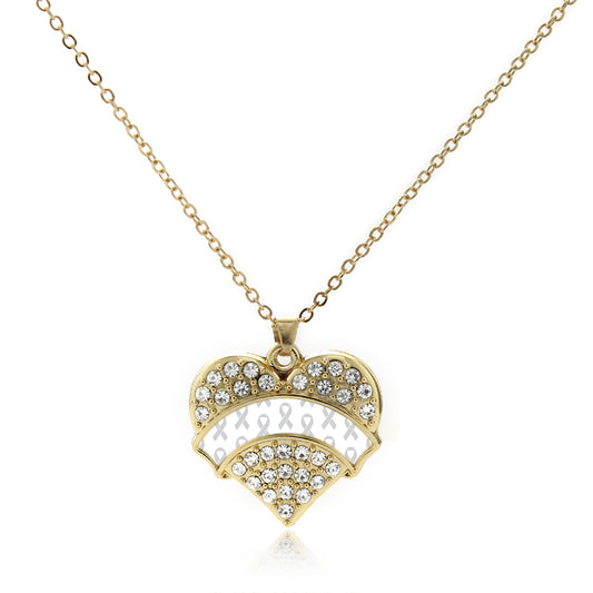 Gold White Ribbon Support Pave Heart Charm Classic Necklace