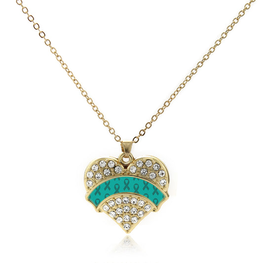 Gold Teal Ribbon Support Pave Heart Charm Classic Necklace
