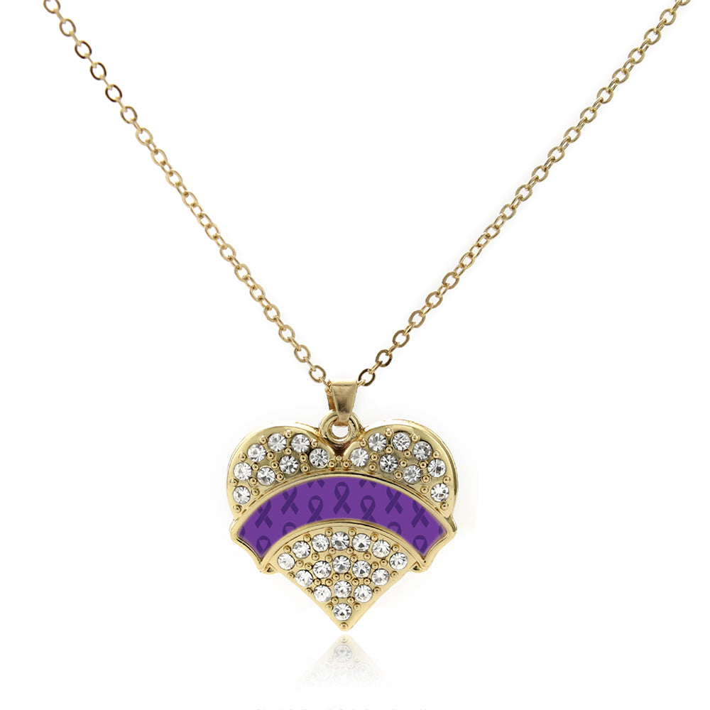Gold Purple Ribbon Support Pave Heart Charm Classic Necklace