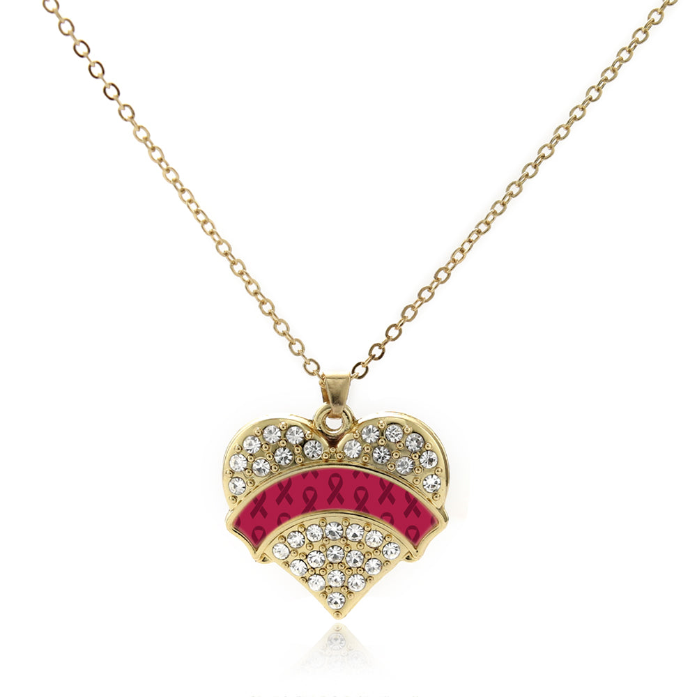 Gold Burgundy Ribbon Support Pave Heart Charm Classic Necklace