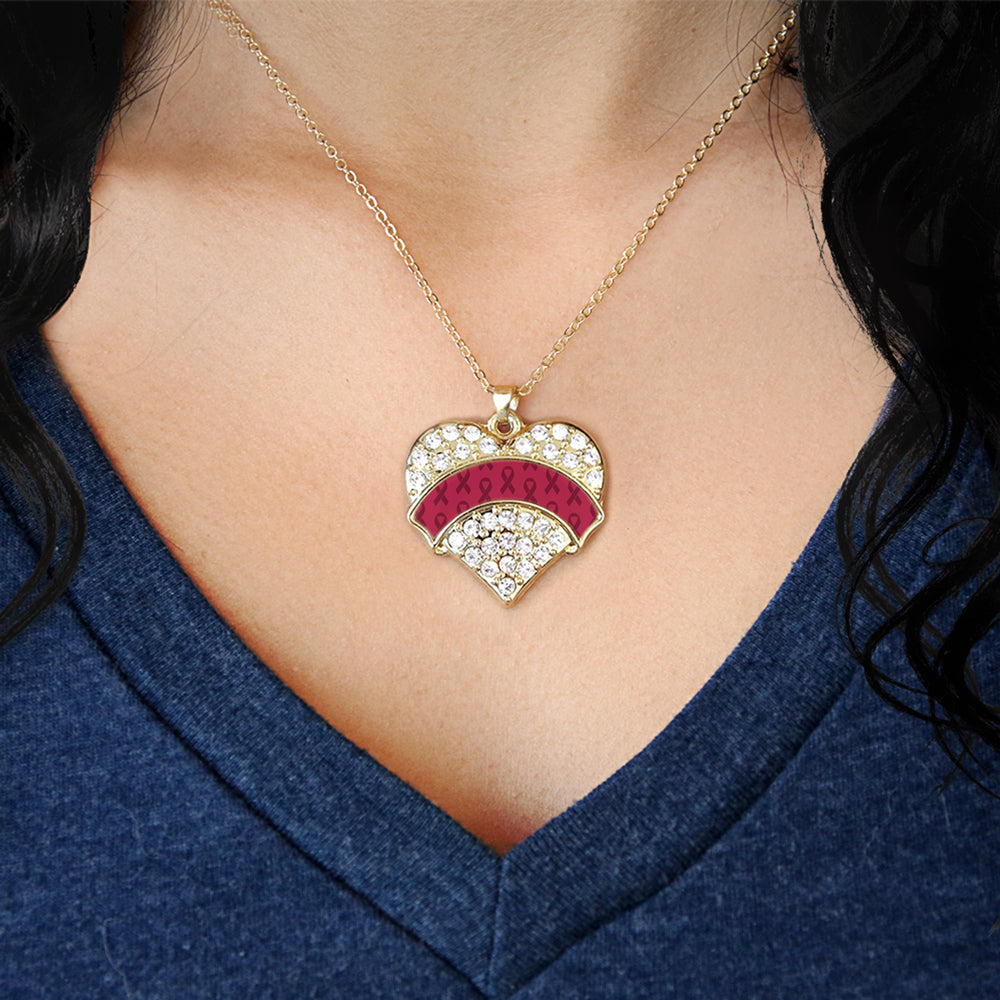 Gold Burgundy Ribbon Support Pave Heart Charm Classic Necklace