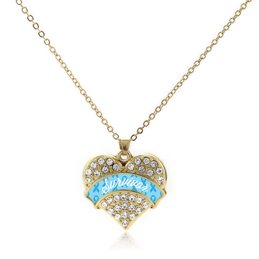 Gold Light Blue Survivor Pave Heart Charm Classic Necklace