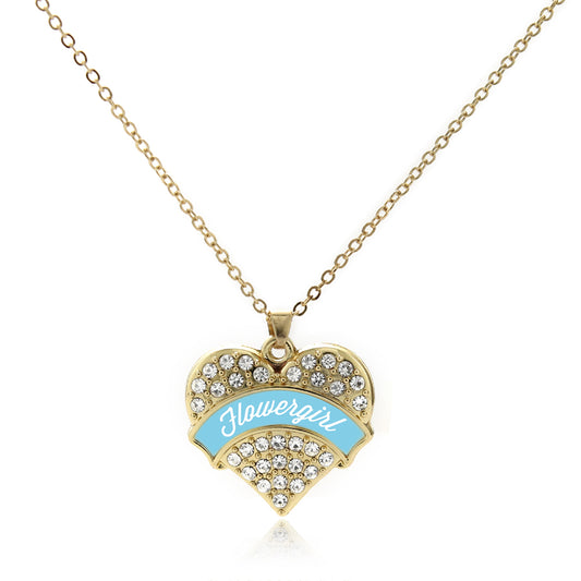 Gold Light Blue Flower Girl Pave Heart Charm Classic Necklace