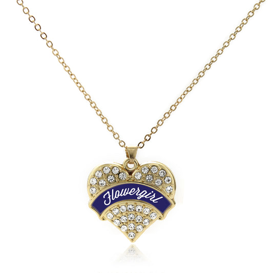 Gold Navy Blue Flower Girl Pave Heart Charm Classic Necklace