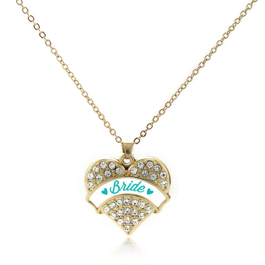 Gold Teal Bride Pave Heart Charm Classic Necklace