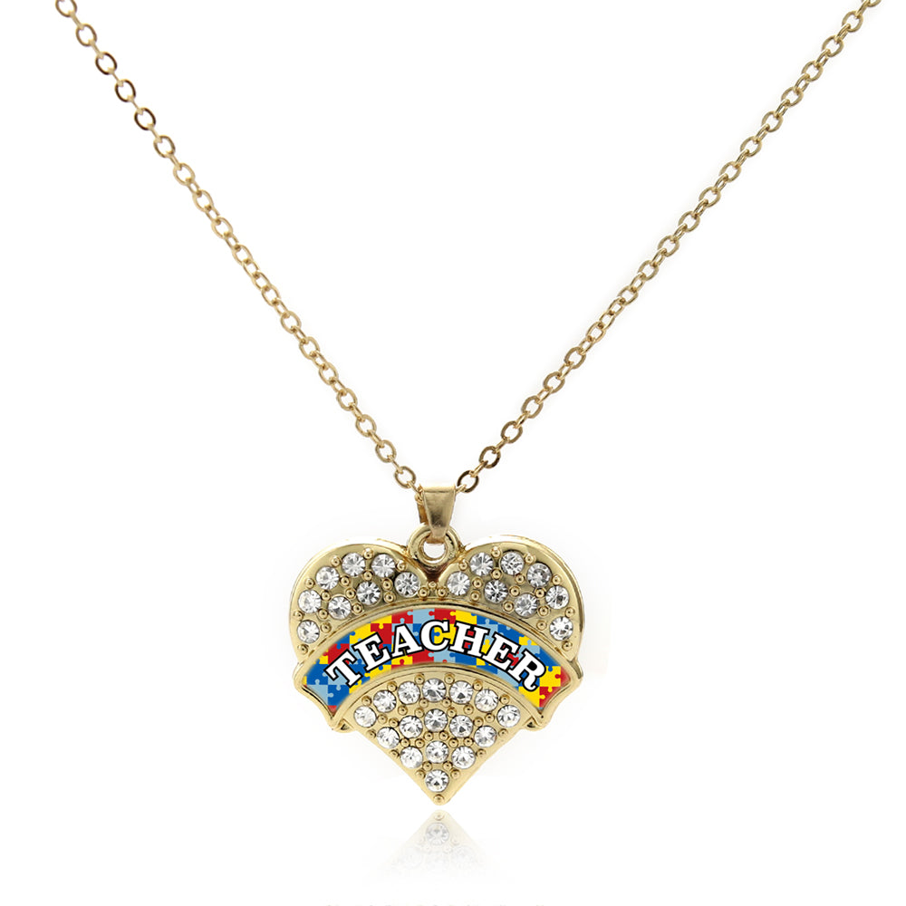 Gold Autism Teacher Pave Heart Charm Classic Necklace