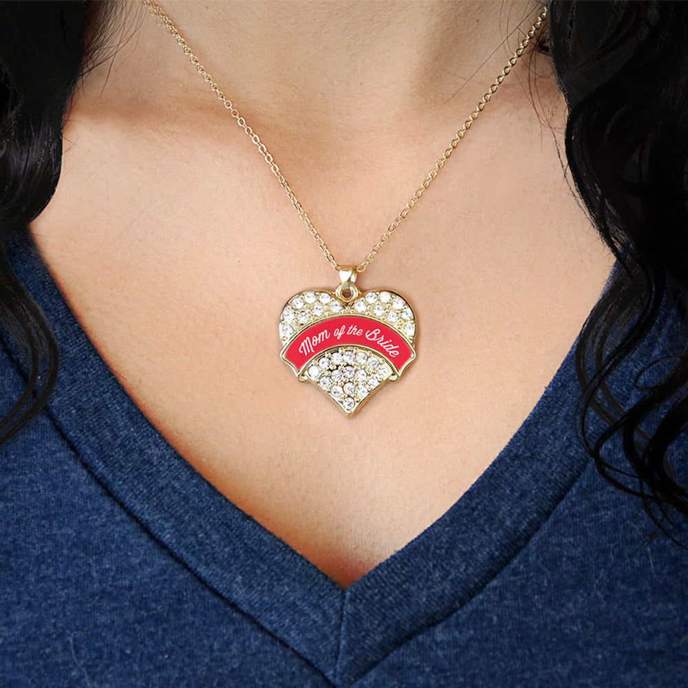 Gold Red Mom of the Bride Pave Heart Charm Classic Necklace