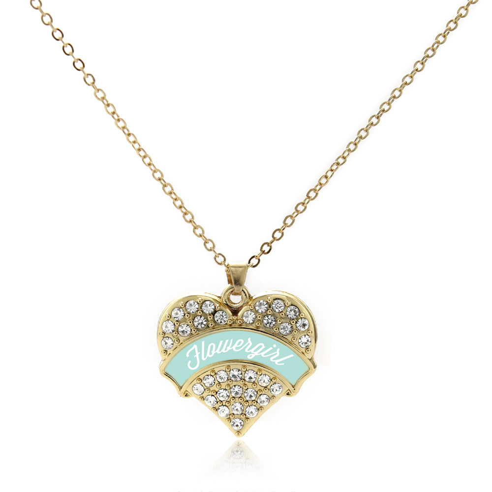 Gold Mint Flower Girl Pave Heart Charm Classic Necklace