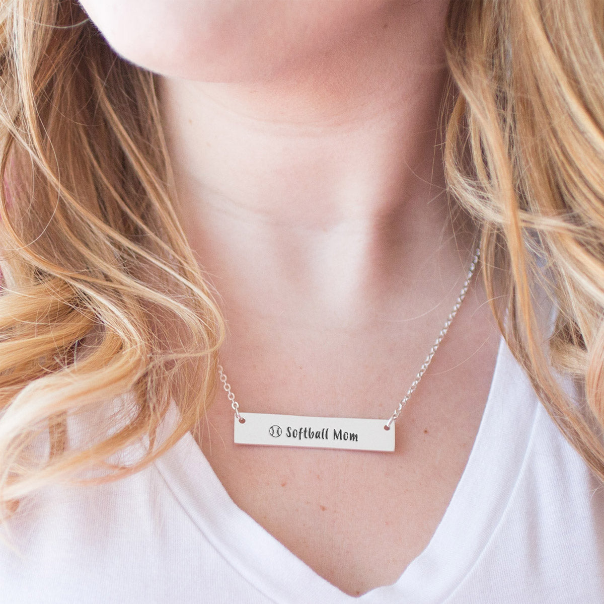 Silver Softball Mom Bar Necklace