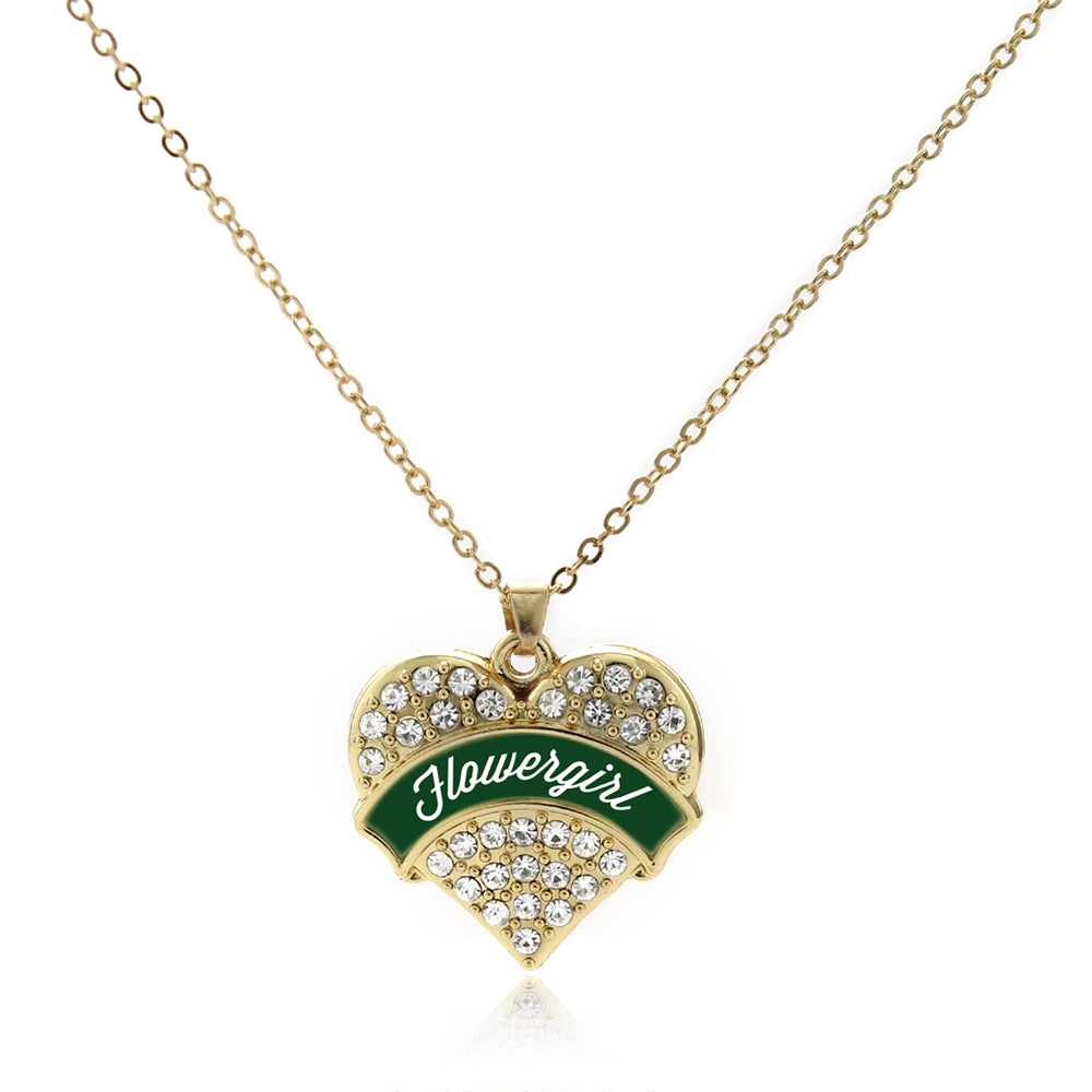Gold Forest Green Flower Girl Pave Heart Charm Classic Necklace