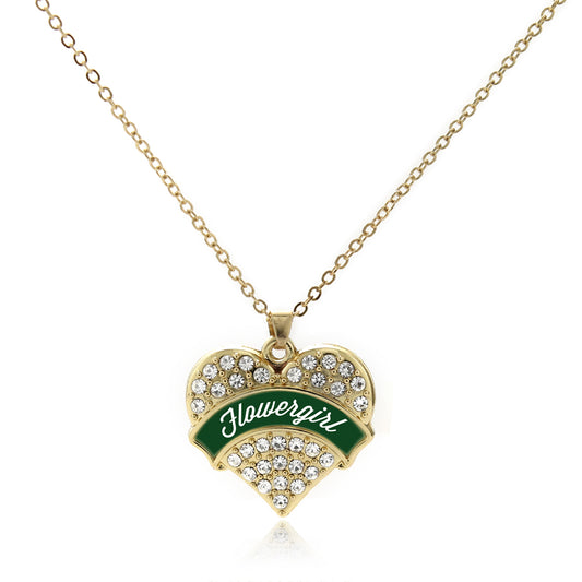 Gold Forest Green Flower Girl Pave Heart Charm Classic Necklace