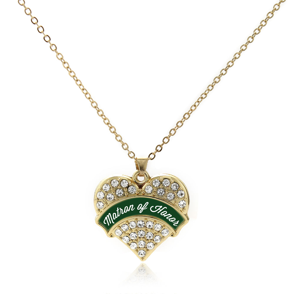 Gold Forest Green Matron of Honor Pave Heart Charm Classic Necklace