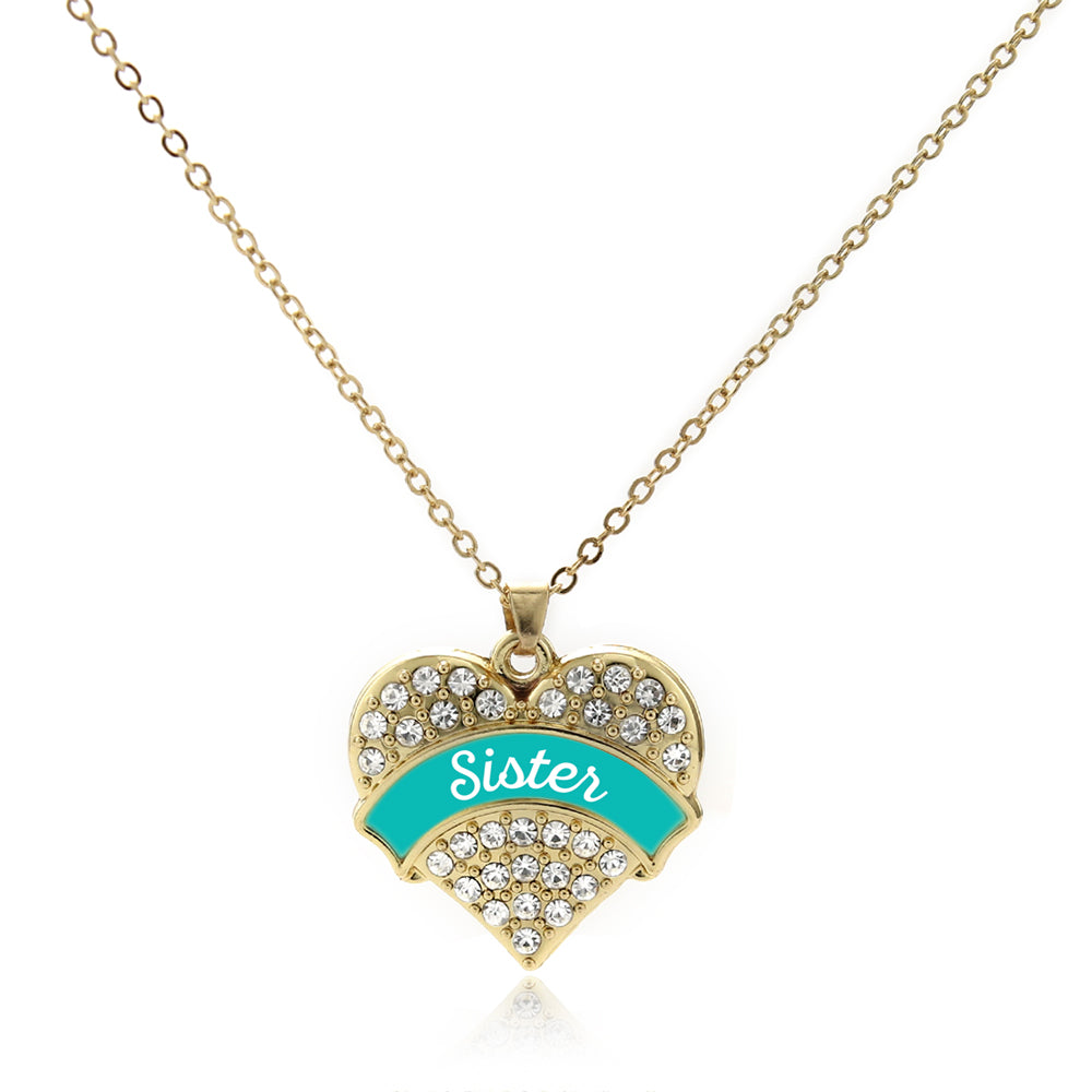 Gold Teal Sister Pave Heart Charm Classic Necklace