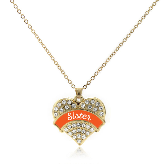 Gold Orange Sister Pave Heart Charm Classic Necklace