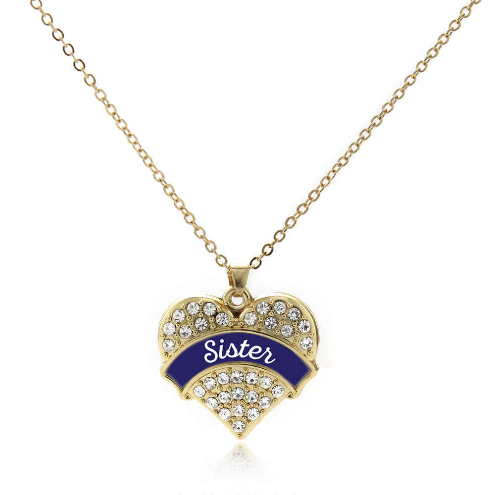 Gold Navy Blue Sister Pave Heart Charm Classic Necklace