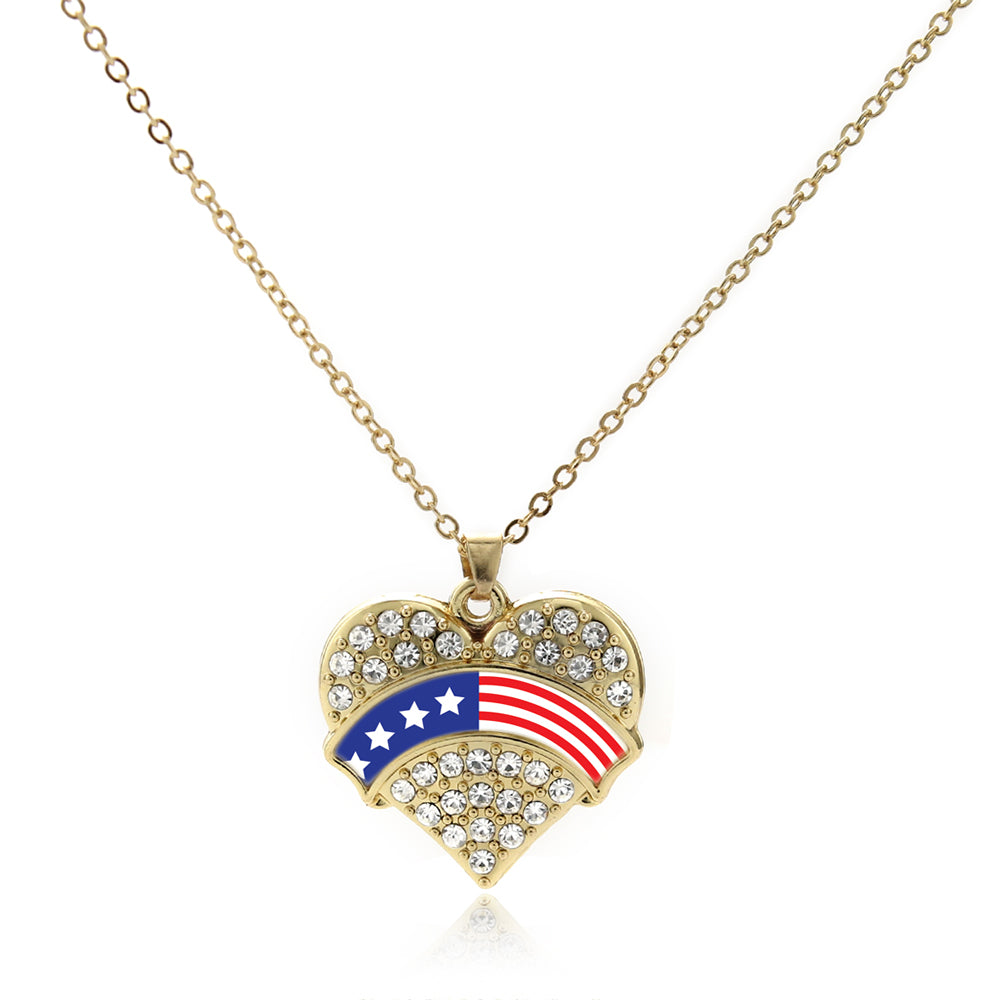 Gold American Flag Pave Heart Charm Classic Necklace