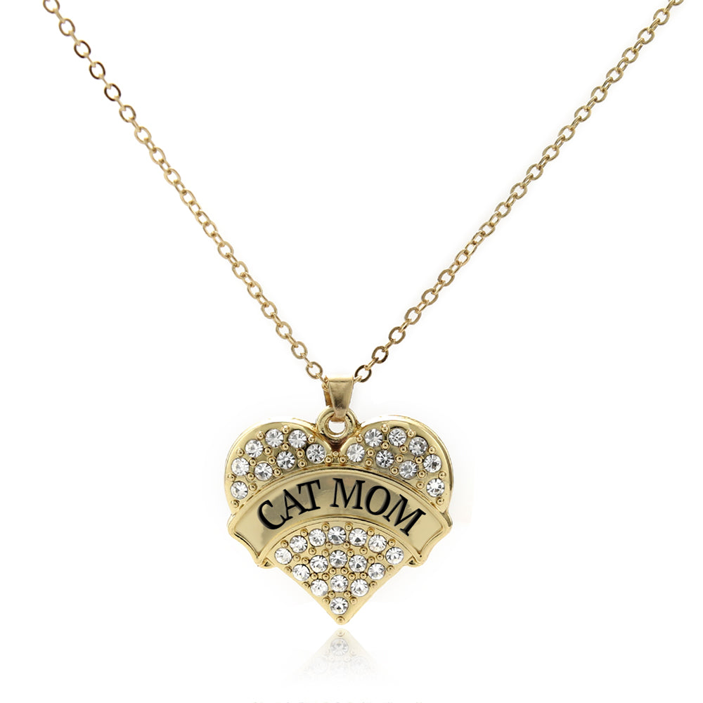 Gold Cat Mom Pave Heart Charm Classic Necklace