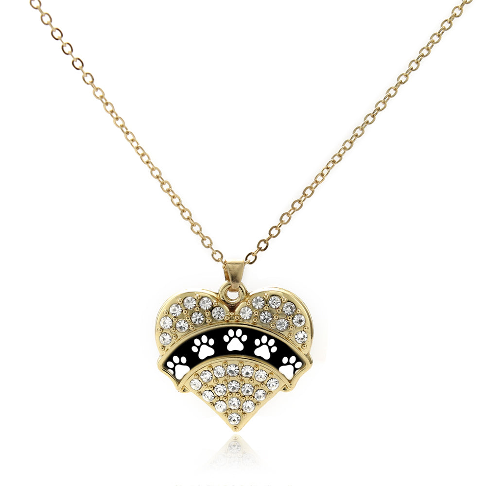Gold Cute Paw Prints Pave Heart Charm Classic Necklace