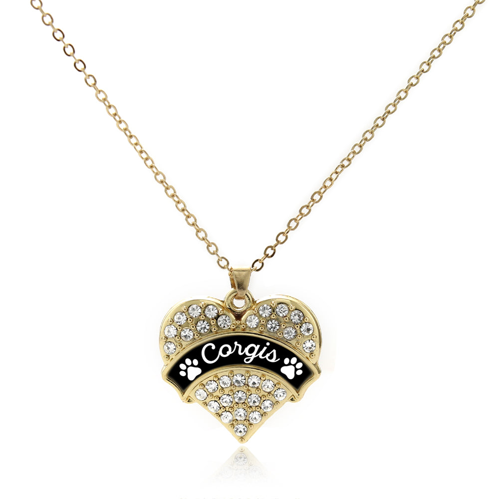 Gold Corgis - Paw Prints Pave Heart Charm Classic Necklace