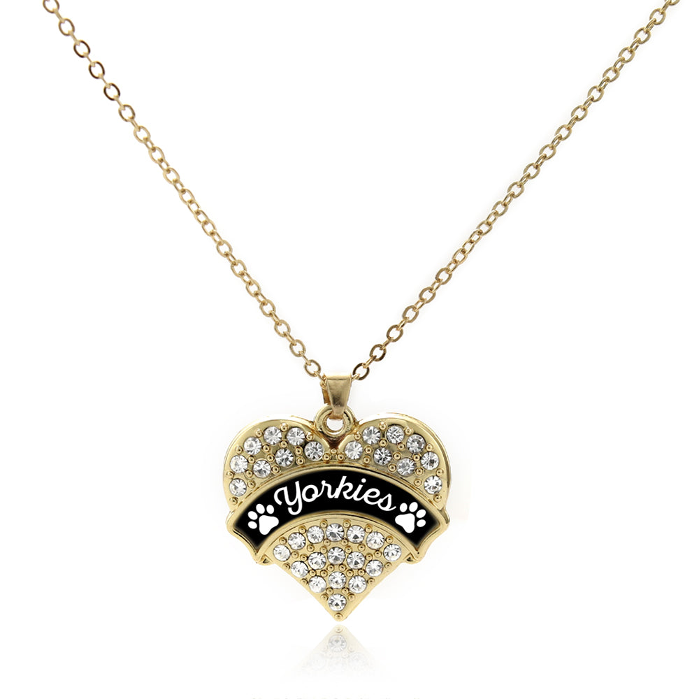 Gold Yorkies - Paw Prints Pave Heart Charm Classic Necklace