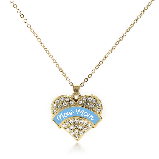 Gold Blue New Mom Pave Heart Charm Classic Necklace