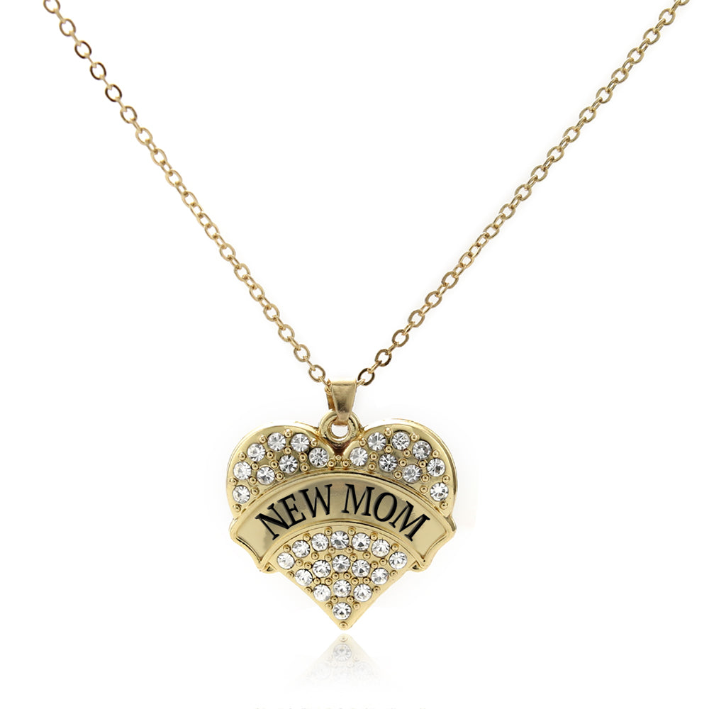 Gold New Mom Pave Heart Charm Classic Necklace