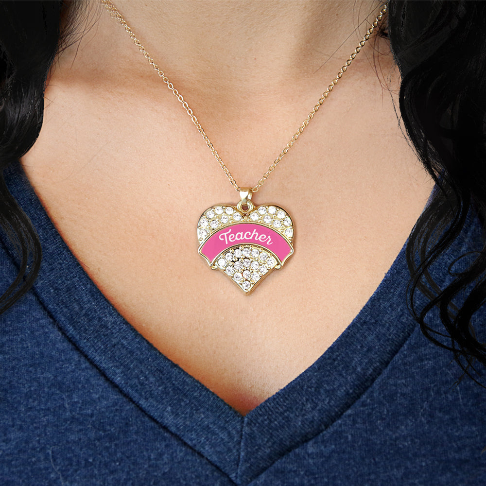Gold Pink Teacher Pave Heart Charm Classic Necklace