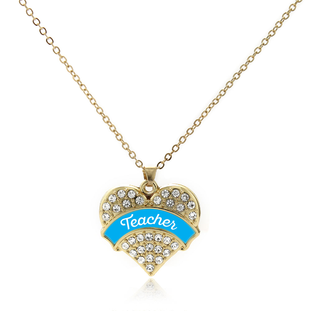 Gold Blue Teacher Pave Heart Charm Classic Necklace