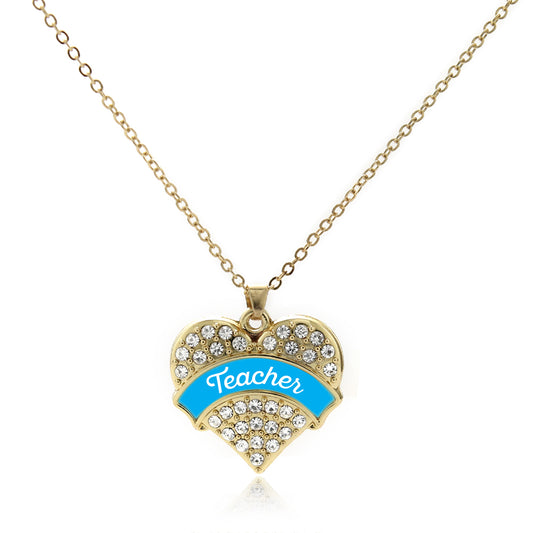Gold Blue Teacher Pave Heart Charm Classic Necklace