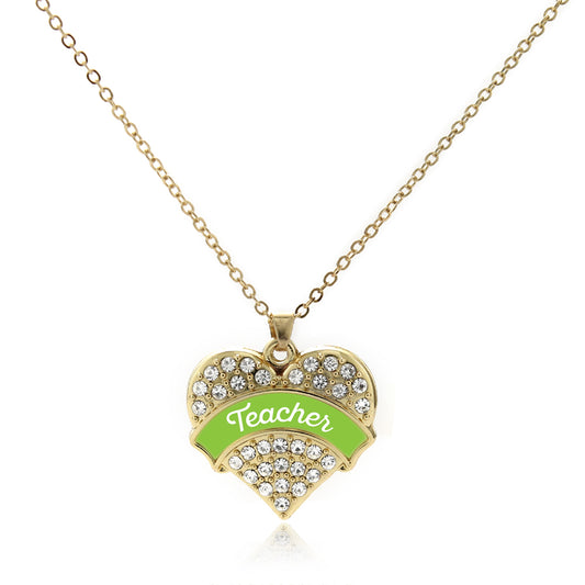 Gold Lime Green Teacher Pave Heart Charm Classic Necklace