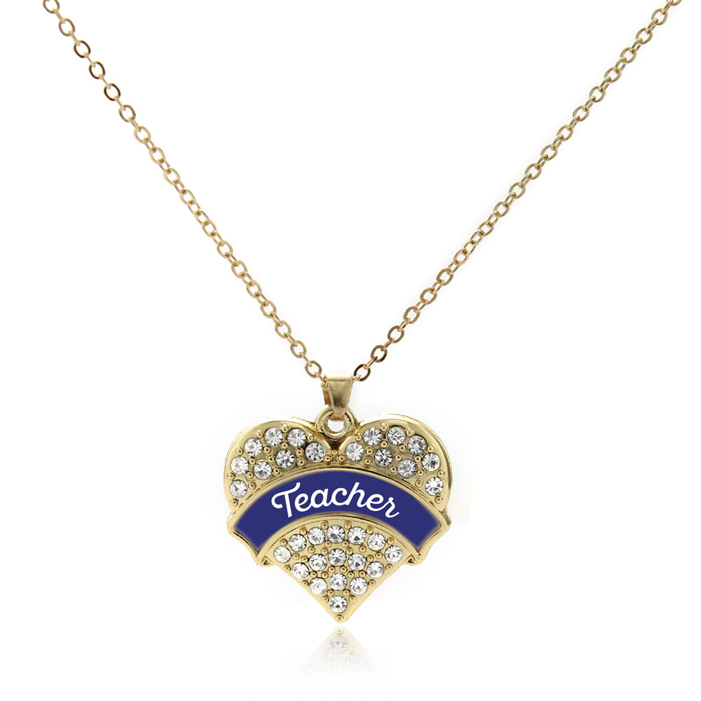 Gold Navy Blue Teacher Pave Heart Charm Classic Necklace