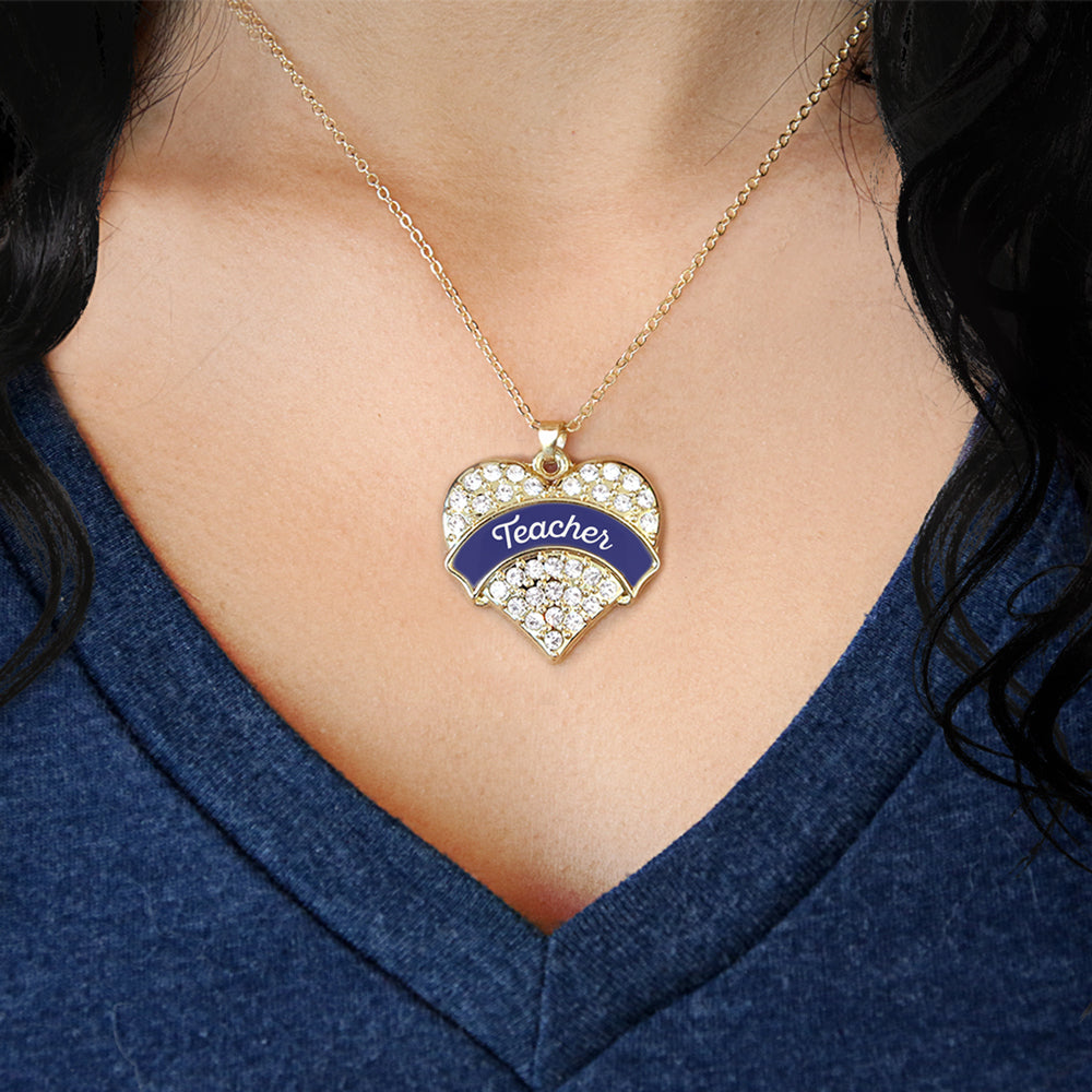 Gold Navy Blue Teacher Pave Heart Charm Classic Necklace