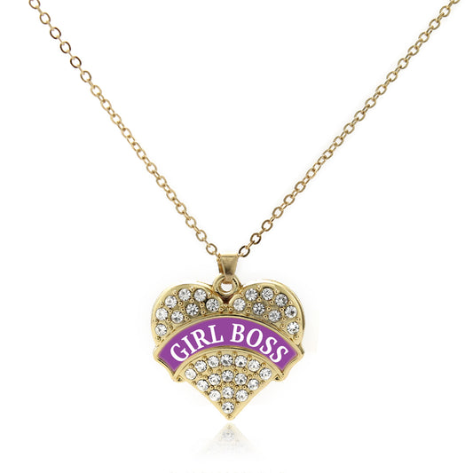 Gold Purple Girl Boss Pave Heart Charm Classic Necklace